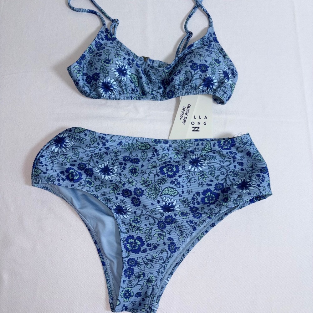 Billabong Retro Rise Rib Bikini Set Small Blue Floral New Ribbed High Waist 2pc